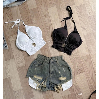 Set áo cổ yếm cột nơ phối khoen cài trước có mút dáng croptop kèm quần short jean túi lòi