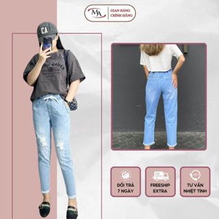 Quần Jean Baggy nữ lưng thun ống đứng lai tua cào kiểu, Quần bò Baggy nữ MINH ANH FASHION vải đẹp