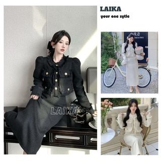 Bộ 2 món áo dài tay + chân váy dài - Set dạ tweed thời trang nữ, viền tua rua, có 2 màu đen trắng cơ bản - LAIKA SV36