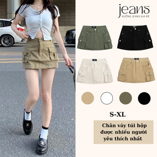 Chân váy quần túi hộp y2k denim có lót quần trong cạp trễ - màu kem, rêu, be, đen - xưởng jeans