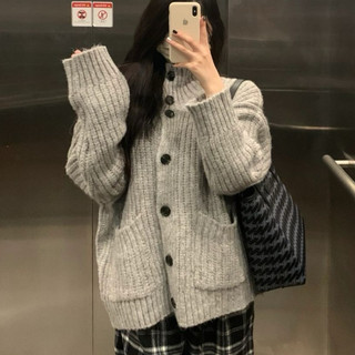 Áo len cardigan có khuy cổ cao lật polo dài tay form rộng xinh có 1 túi len dệt QC thu đông