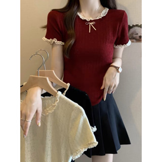 Áo len nữ , áo len mỏng tay ngắn cổ tròn phối tay ren chất mongtoghi dệt kim mềm mịn hàng QC không xù không ngứa _RUBY