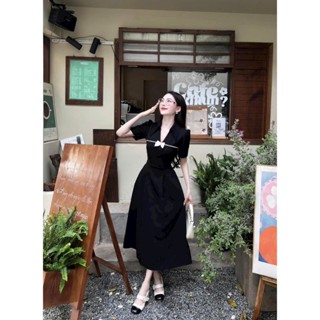  Đầm thời trang nữ tiểu thư bánh bèo chất tuyết mưa cổ chữ V tay ngắn phối nơ dáng váy xoè ôm eo dài maxi 