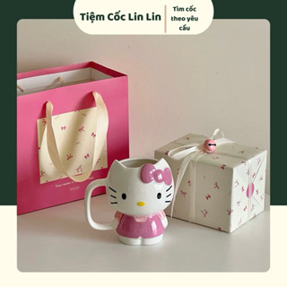 Cốc sứ Hello Kitty toàn thân dễ thương dung tích 400ml,Ly sứ màu hồng hoạt hình mèo Hello Kitty,cốc uống nước, quà tặng