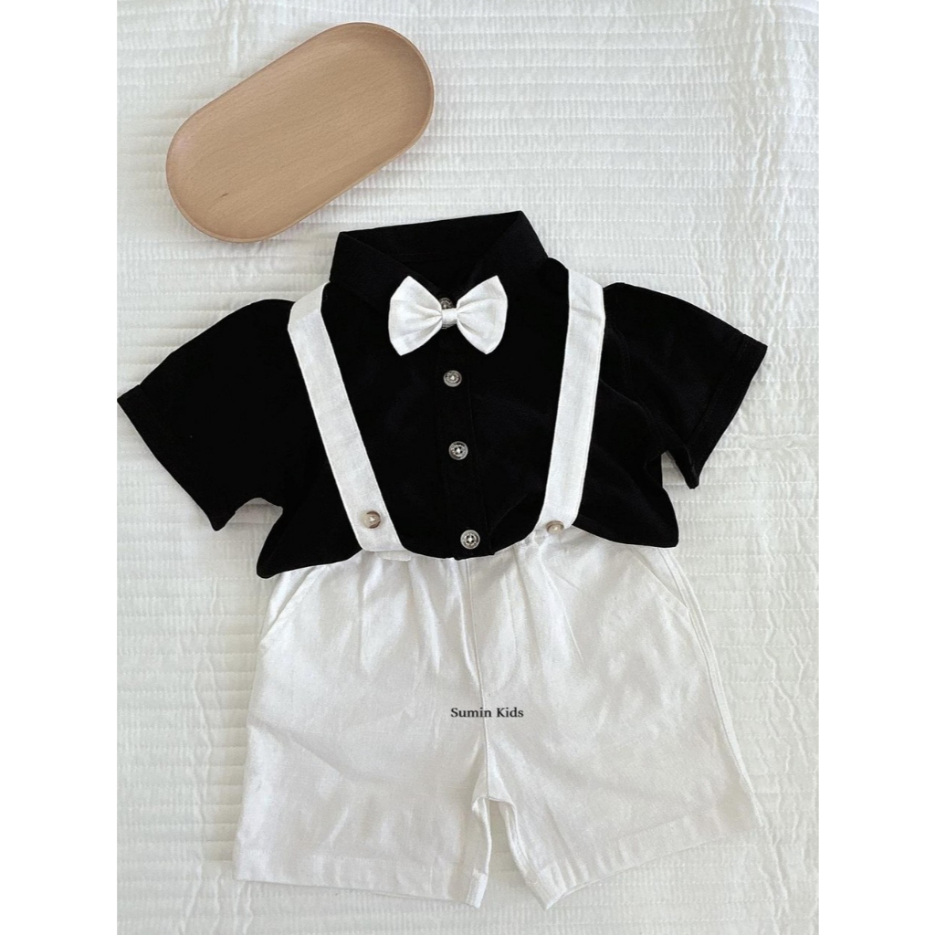 Đồ thôi nôi bé trai bộ áo đen quần trắng mẫu set công tử hàn quốc đi tiệc từ ss đến 1 3 tuổi ND kids