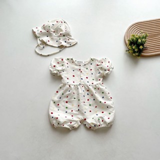 Bodysuit cho bé gái sơ sinh kèm nón chất liệu mềm mát, Set body cho bé gái chấm bi đa sắc, Quần áo đầy tháng dễ thương