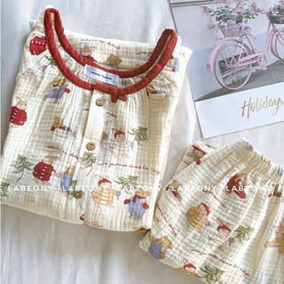 Đồ bộ nữ mặc nhà Pyjama Muslin Lá hồng thỏ noel cổ tròn ngắn dài Labeony