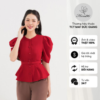 Áo peplum công sở HeraDG thiết kế tay bồng xếp ly eo đai eo rời chất Tuytsi cao cấp SAKBC6059