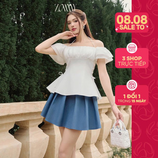 ZAMY SHOP - SET Áo zúm ngực rút sườn màu trắng mix chân váy thiết kế bò xếp ly màu xanh