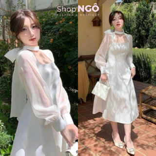 Đầm váy thời trang nữ,Váy trắng khoét cổ cột nơ tay voan dáng dài chiết eo phong cách tiểu thư sang trọng đi tiệc
