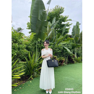 MORIS DRESS | Đầm midi trắng sn phối nơ xoắn ngực trễ vai