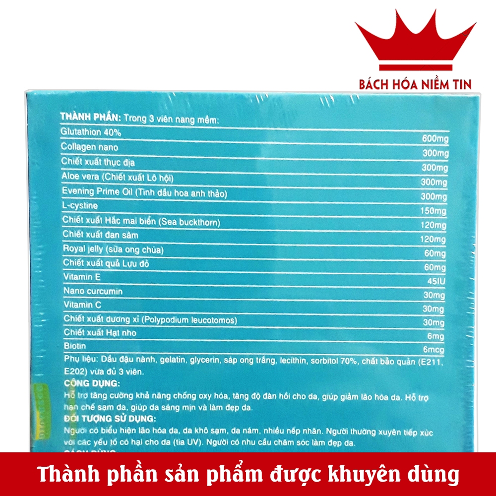 Viên uống hỗ trợ giảm nám Collagen Glutathion 6000 mg - Thành phần collagen, glutathion hàm lượng cao hộp 60 viên