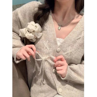 Áo len cổ V màu be dáng vừa dệt kim dây ren thắt nơ xinh tiểu thư nhẹ nhàng thu đông ulzzang