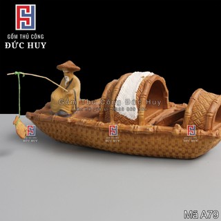Tượng gốm ông già ngồi thuyền câu cá trang trí hòn non bộ chậu cây bonsai