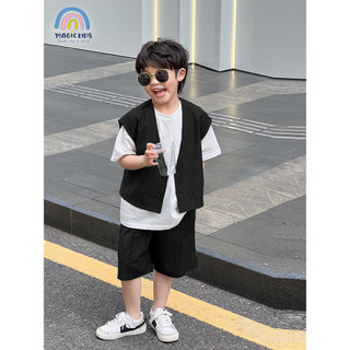 Đồ bộ bé trai size đại 50kg Set vest áo gile quần đùi kẻ sọc đen chất xược hàn mềm mịn cho bé đi chơi SV24003