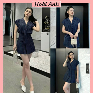Set Bộ Đồ Nữ Xanh Than Kẻ Sọc Áo Thiết Kế Tay Hến Cổ Vest Mix Chân Váy Xếp Ly Dáng Ngắn