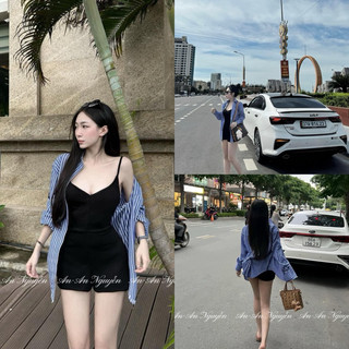 👚set áo sơmi kẻ sọc kèm jumpsuit short