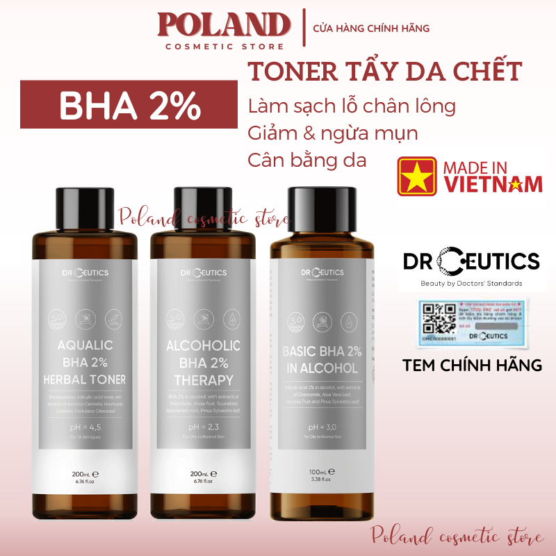 Toner BHA 2% DrCeutics tẩy da chết cho da hỗn hợp dầu mụn 100ML 200ML