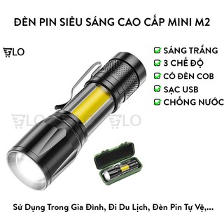 Đèn pin siêu sáng cao cấp mini m2, có zoom, 3 chế độ sáng, có đèn cob bên hông, kèm dây sạc fullbox
