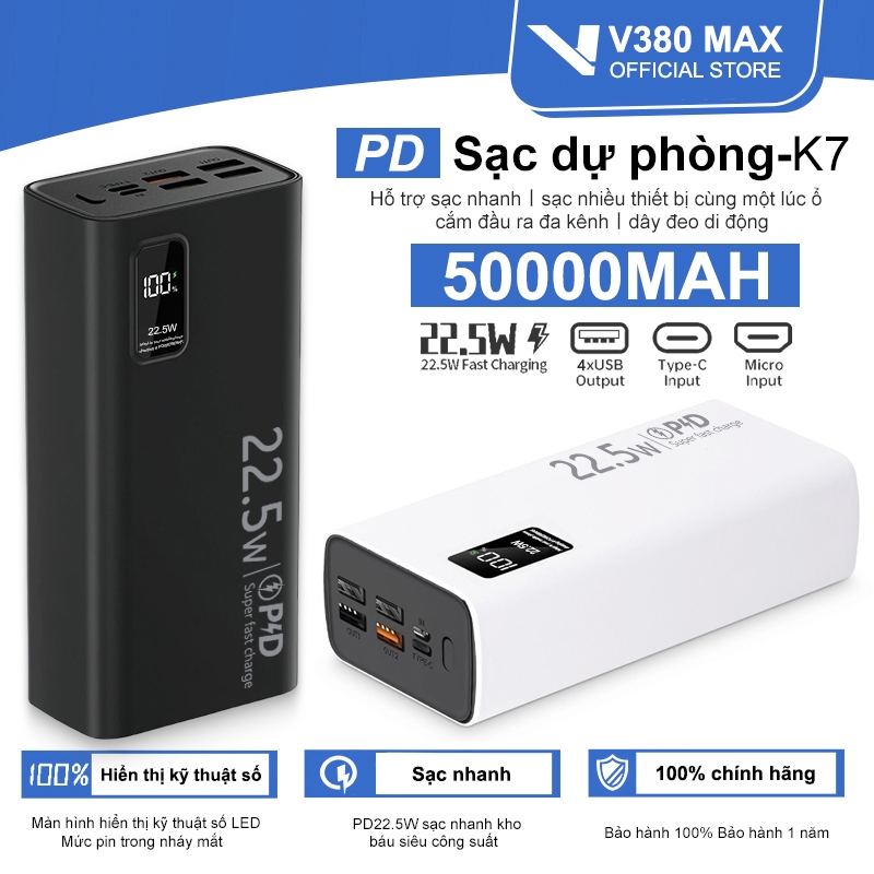 V380 MAX Sạc dự phòng Power bank PD22.5W 10000MAH 30000mah 50000mAh pin dự phòng màn hình Led tích hợp tích hợp | BigBuy360 - bigbuy360.vn