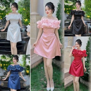 Đầm xòe phi lụa bẹt vai có quần trong cao cấp tặng hoa tai Tn