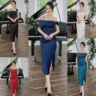 Đầm ôm body bẹt vai đính hoa và ngọc cao cấp tặng hoa tai