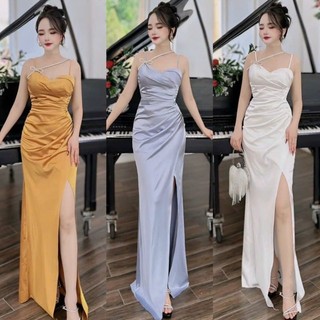 Đầm dạ hội thiết kế 2 dây nơ đính nơ cao cấp tặng hoa tai TN