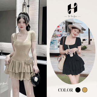 Set Váy Nữ Mini Chất Thun Tăm Ôm Body Chân Váy Tầng Đính Hoa, Đầm Nữ Cổ Vuông Tay Ngắn Thời Trang Basic H-Store