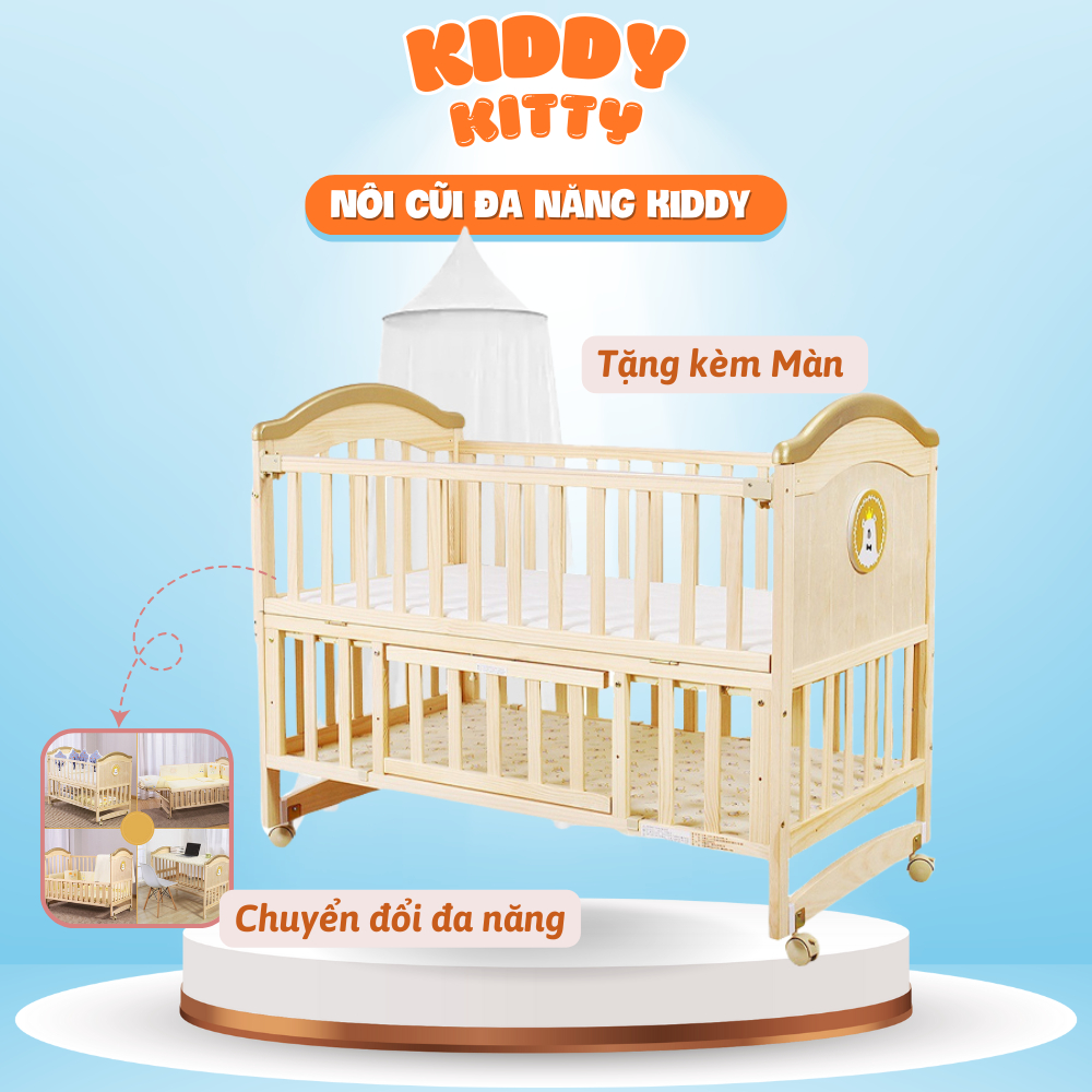 Cũi gỗ 2 tầng cho bé có tầng dưới để đồ tiện lợi chân có bánh xe tặng kèm theo màn che chống muỗi