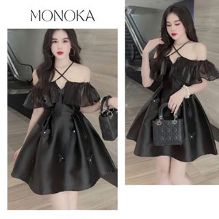 Váy tiểu thư đen trễ vai dây cổ chéo dáng xòe ngắn gắn hoa Tafta Đầm dự tiệc sang trọng cổ yếm bánh bèo T402G MONOKA
