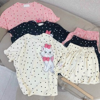 [8.8 Sales Freeship] Set bộ đùi mặc nhà dễ thương, set bộ chấm bi in hình mèo nơ nổi kèm quần đùi 3 màu dx