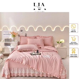 Bộ chăn ga gối trần bông cotton đũi ren phủ bèo HA_bedding, set 4 món chăn ga gối đều được trần bông phủ ren bèo siêu iu