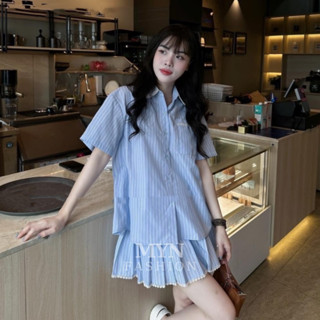 Set bộ áo sơ mi cộc tay kẻ phối chân váy xếp ly ren cạp chun, set bộ kẻ xanh chân váy phối ren vải thô loại 1 [MY56]