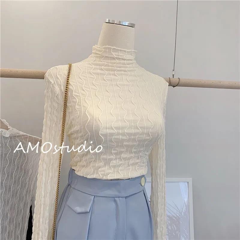 Áo ren nữ cao cổ thiết kế bo viền bèo họa tiết sóng dập nổi hottrend chất liệu mềm mịn phong cách thu đông MOFS SP215
