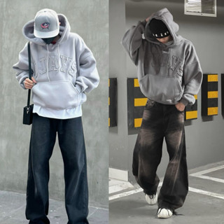 Áo khoác hoodie thêu đắp vải JJAYS form rộng mũ to nam nữ unisex màu XÁM TRẮNG/XÁM CHÌ/ĐEN 🖤