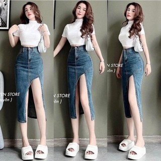 Váy jean dài xẻ cao , chân váy jean dáng dài