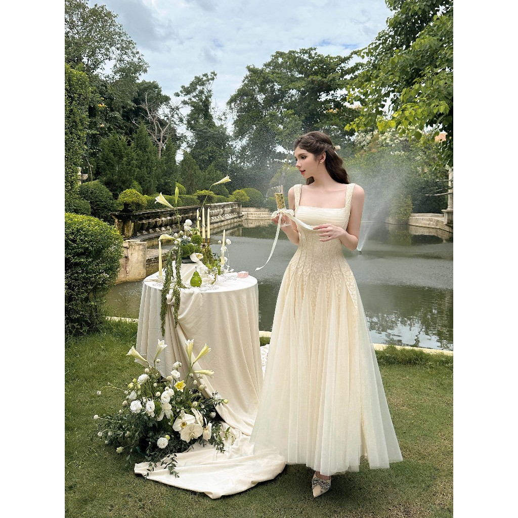  SÒ VINTAGE - ELODIE đầm maxi ren ánh phối lưới 