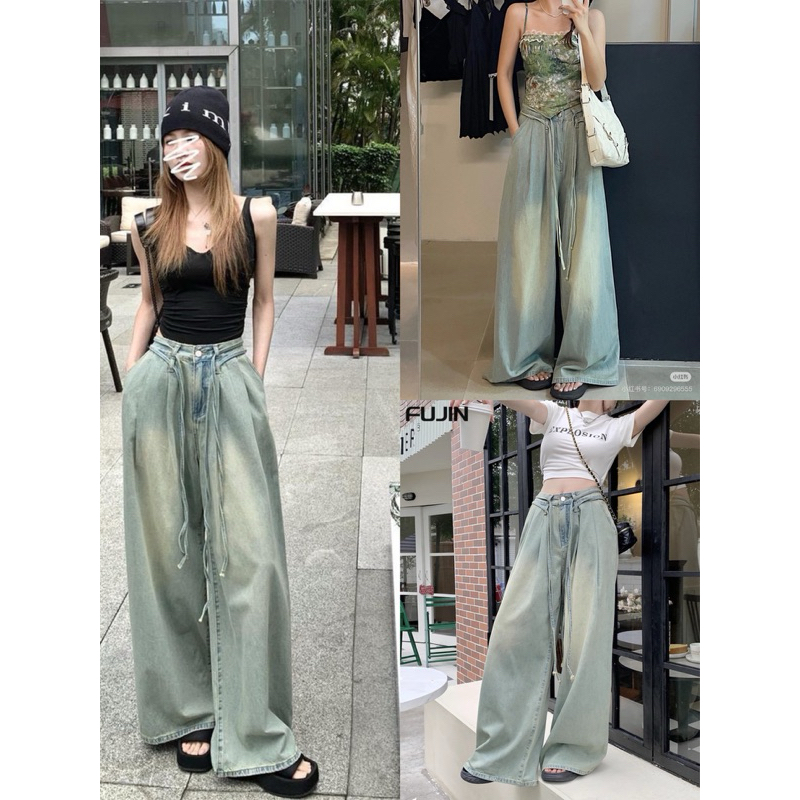Quần Bò Jeans Nữ Ống Rộng, Quần Bò Denim Suông Ống Rộng Trơn Màu Xanh Bạc Kèm Dây Bản Cạp Cao Siêu Hách Dáng Cực Đỉnh
