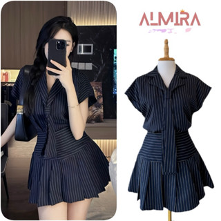 Sét Váy Nữ Hoạ Tiết Kẻ Sọc Gồm Áo Sơ Mi Cổ Vest Cavat + Chân Váy Cếp Ly Kẻ