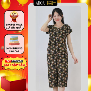 Đồ bộ trung niên cho mẹ ahoa quần lửng cổ tròn, bộ đồ lanh nữ mặc nhà hoa nhí, bộ lửng mặc nhà nữ cao cấp bl12
