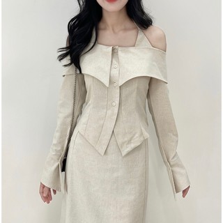 Áo tay dài trễ vai cổ yếm chất linen co giãn nhẹ