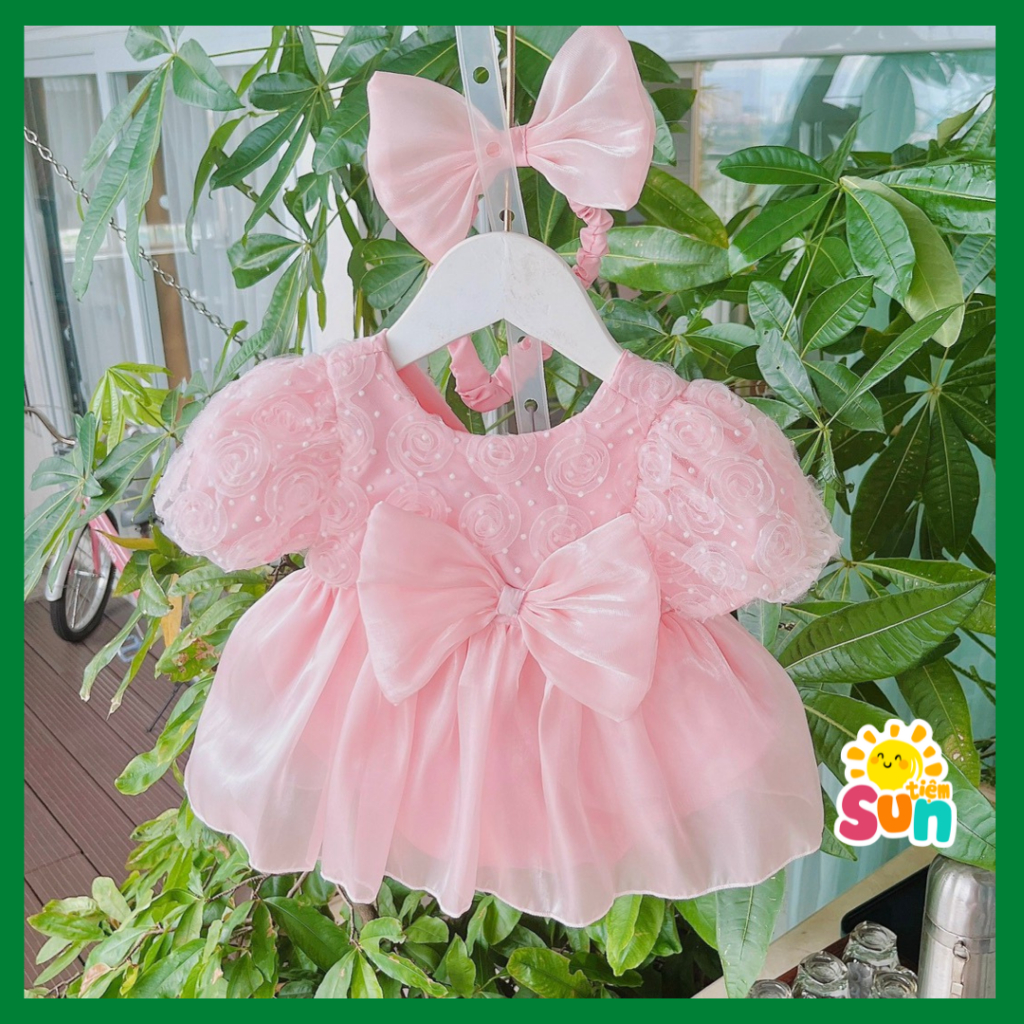 TẶNG TURBAN Body Váy Đầm Công Chúa Cho Bé Gái Sơ Sinh Đầy Tháng Thôi Nôi Vải TƠ OGANDA có lót mềm / LƯỚI HỒNG PHỐI OGAND