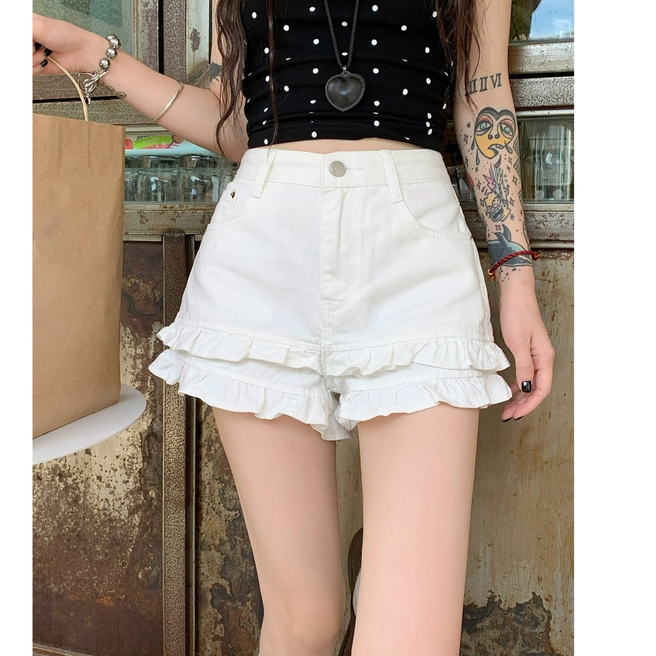 BARE_Quần short jean lưng cao , quần đùi bò jean denim gấu bèo 2 tầng - Q082