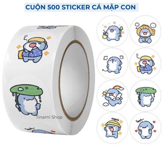 Set 100 500 sticker cá mập con cute nhãn dán trang trí cuộn 500 tem dán cá mập trang trí gói hàng