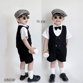 Bộ cộc vest bé trai 4 chi tiết Bernie trắng đen sang trọng - Bộ gile bé trai - Bộ công tử cho bé trai 9-23kg - 0624B07