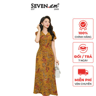 Đầm xoè ngắn tay vàng hoạ tiết cổ tim thời trang nữ Seven.AM H653035E