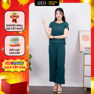 Bộ Đũi Trung Niên Cho Mẹ AHOA Quần Suông, Bộ Mặc Nhà Mùa Hè Mềm Mại Thanh Lịch Bền Đẹp Che Khuyết Điểm Cực Tốt BDQX