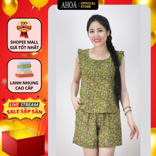Bộ Lanh Nữ AHOA Áo Sát Nách Quần Đùi, Đồ Bộ Trung Niên Cho Mẹ Vải Tole Hoa Nhí, Bộ Đồ Lanh Nữ Mặc Nhà Mùa Hè BL8