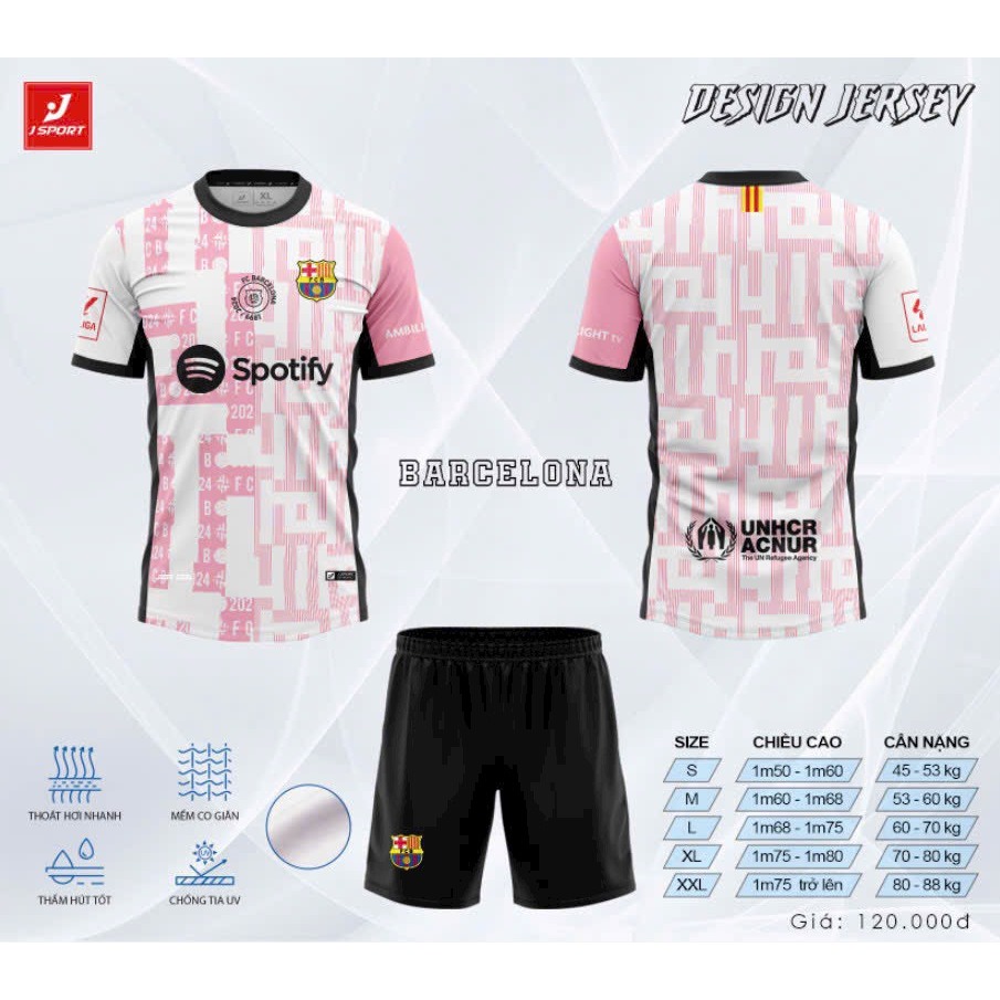 Bộ Quần Áo Đá Banh Barca Trắng Hồng MỚI 2024 -2025 Logo THÊU Vải THUN LẠNH Cao Cấp  - Thể Thao BT