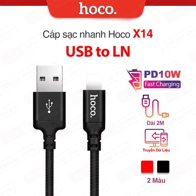 Cáp sạc nhanh PD10W USB to IP Hoco X14 / X89 dùng cho 14 trở lên, dây dù chống gãy gập dài 1m/2m